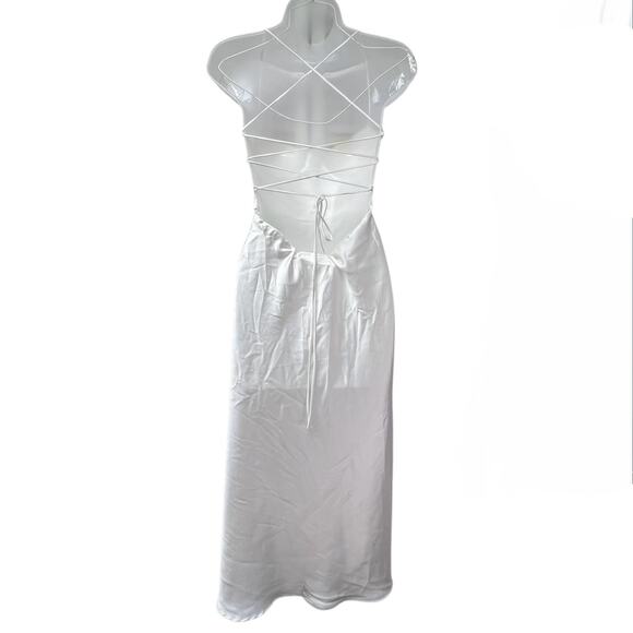 Zara White Satin Sweetheart Neckline Midi Dress Lace Up Back Adjustable Sz Small - Picture 4 of 9
